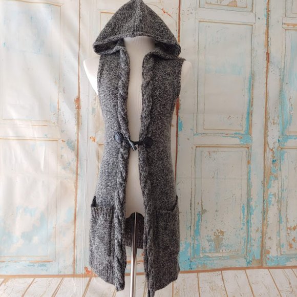 Sarah Spencer wool mohair pocket hood sleeveless cardigan duster sweater/S/gray - Picture 1 of 14